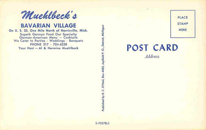 Alcona Brew Haus (Muehlbecks Bavarian Village) - Old Postcard Back